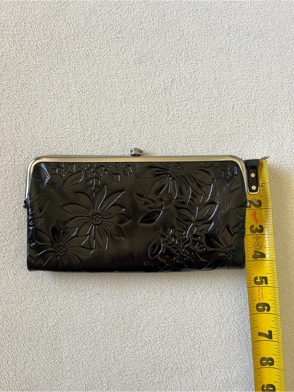 HOBO Black Floral Flower Embossed Leather Wallet Clutch Paisley Lining Silver